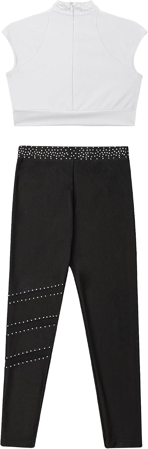 Kids Girls 2 Piece Dance Outfits Sleeveless Crop Tank Top with Active Leggings Figure Ice Skating Pants Set