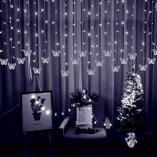 Decorman Curtain Lights USB Powered 8 Modes Waterproof Window Curtain String Lights with 10 Butterflies Twinkle Lights for Christmas Holiday Party Room Decoration (Cool White) - Thumbnail 2