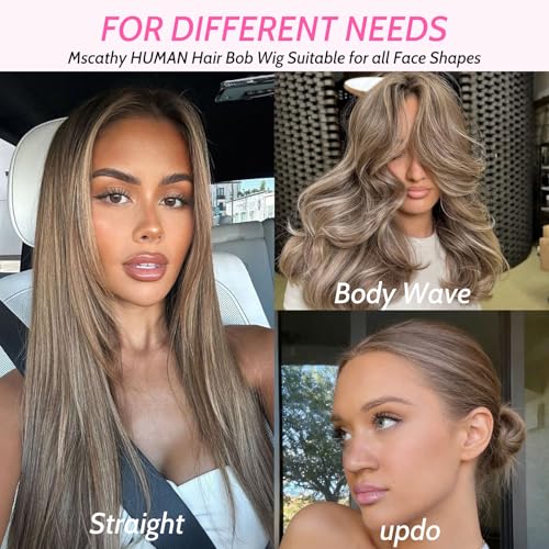 Image of Human Hair Wigs Straight Brown Blonde Highlight Wigs 200% Density 20 Inch | 13x4 Lace Front Wigs Human Hair Ash Blonde Balayage Wigs Human Hair for Women Brunette Hair with Blonde Highlights Wigs