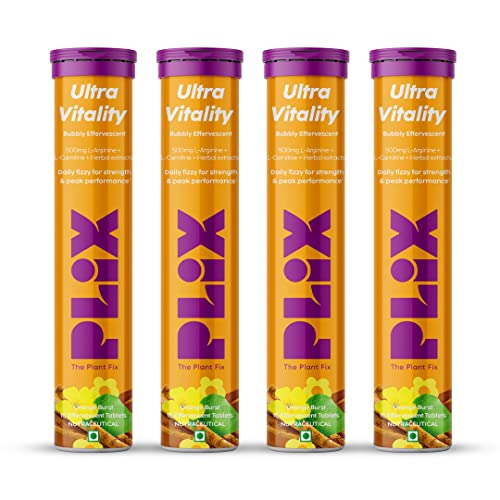 The Plant Fix Plix Ultra Vitality Effervescent, Strength With L-Arginine, Ashwagandha, Safed Musli and Zinc, 15 Effervescent Tablets, Pack of 4 (Orange Burst), 4 count, 15 capsules