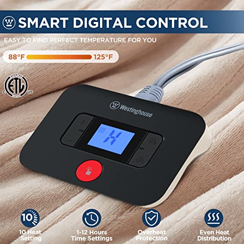 Westinghouse Electric Blanket Twin Size, Super Cozy Soft Flannel 62"" x 84"" Heated Blanket with 10 Fast Heating Levels & 1-12 Auto-Off, Machine Washable, ETL&FCC Certification, Beige