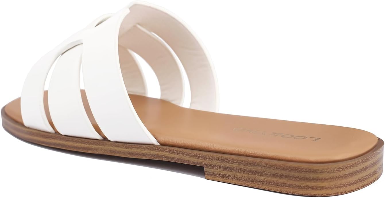 Lookyno Flat Sandals for Women 2025 Dressy Summer Leather Slides with Square Open Toe, White, 6.5 - Image 5