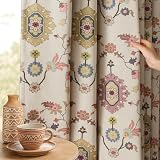 XOGUIBO Boho Floral Blackout Curtains for Living Room, Beige Linen Textured Drapes with Colorful Bohemian Print 84 Inches Long 2 Panels Set Vintage Farmhouse Rustic Window Curtains Grommet Top