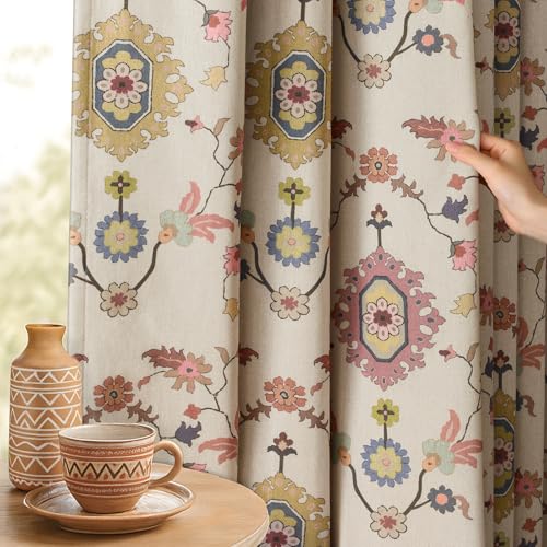 XOGUIBO Boho Floral Blackout Curtains for Living Room, Beige Linen