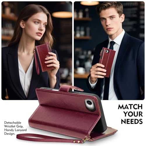 Scutumate Compatible with iPhone 17e / 16e Wallet Case with Card Holder RFID Blocking Zipper Poket PU Leather Flip Phone Case with Wrist Strap Credit Card Slots Men Women,Wine Red by Scutumate - Image 4