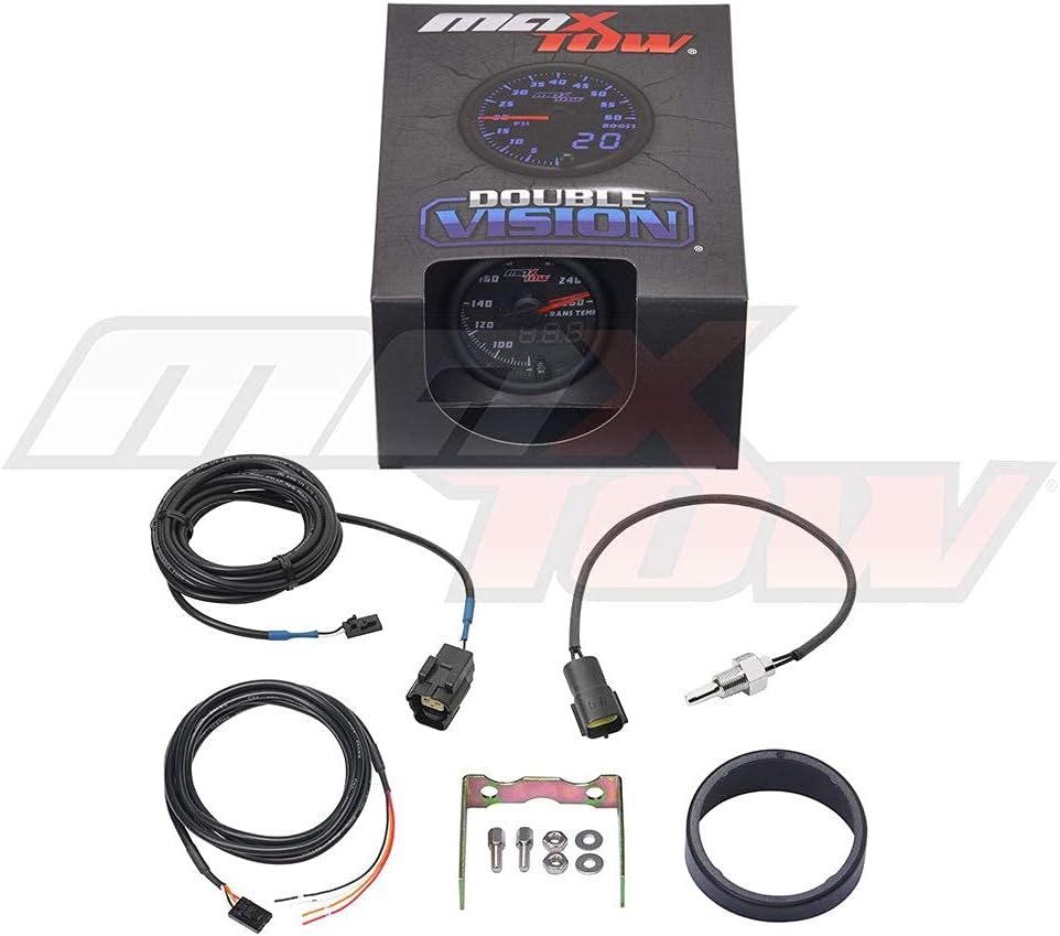 MaxTow Double Vision 260 F Transmission Temperature Gauge Kit - Includes Electronic Sensor - Black Gauge Face - Blue LED Illuminated Dial - Analog & Digital Readouts - for Trucks - 2-1/16" 52mm