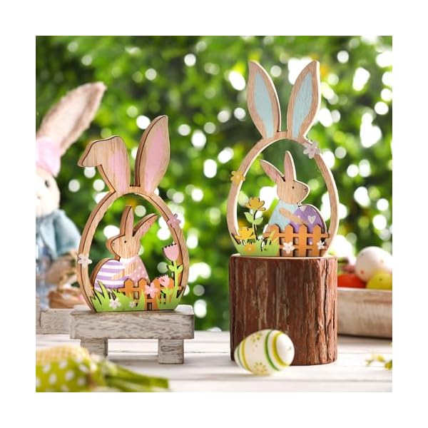 Yousoontic 2 pcs easter wooden table decorations bunny table centerpiece topper farmhouse rustic wood bunny with egg easter tiered tray for spring indoor home party tabletop decoration gifts  urban country home decor