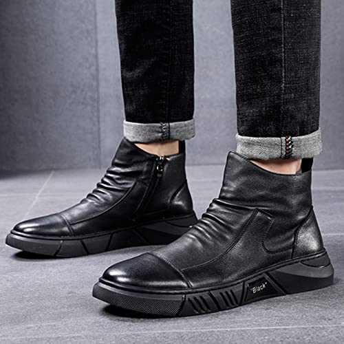 Image of Keilinia Men's Black Italian High-top Casual Leather Boots,2022 Fall New Round Toe Waterproof Non-slip Shock-absorbing Booties