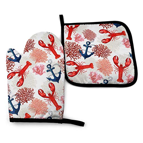 VunKo Red Lobster Oven Mitts and Pot Holders Sets Heat Resistant Anchor Coral Oven Gloves with Non-Slip Surface for Safe BBQ Cooking Baking Grilling Set of 2