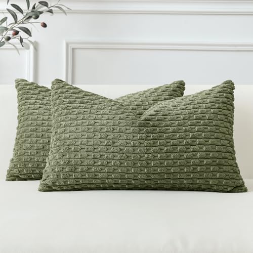 Sungeek Set of 2 Olive Green Soft Corduroy Decorative Cushion Covers Boho Striped Throw Pillow Covers for Sofa Couch Living Room Patio Farmhouse Home Decor Pillowcases 30x50cm