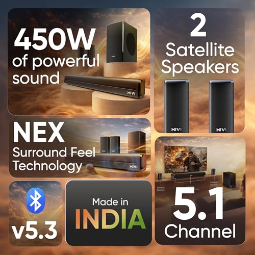 Image of Mivi Nex 450 Soundbar [New Launch], 450W 5.1 Channel System with 3 in-Built Speakers, 2 Satellite Speakers and a Subwoofer, Nex Surround Feel Technology, Multiple Input Modes, Made in India