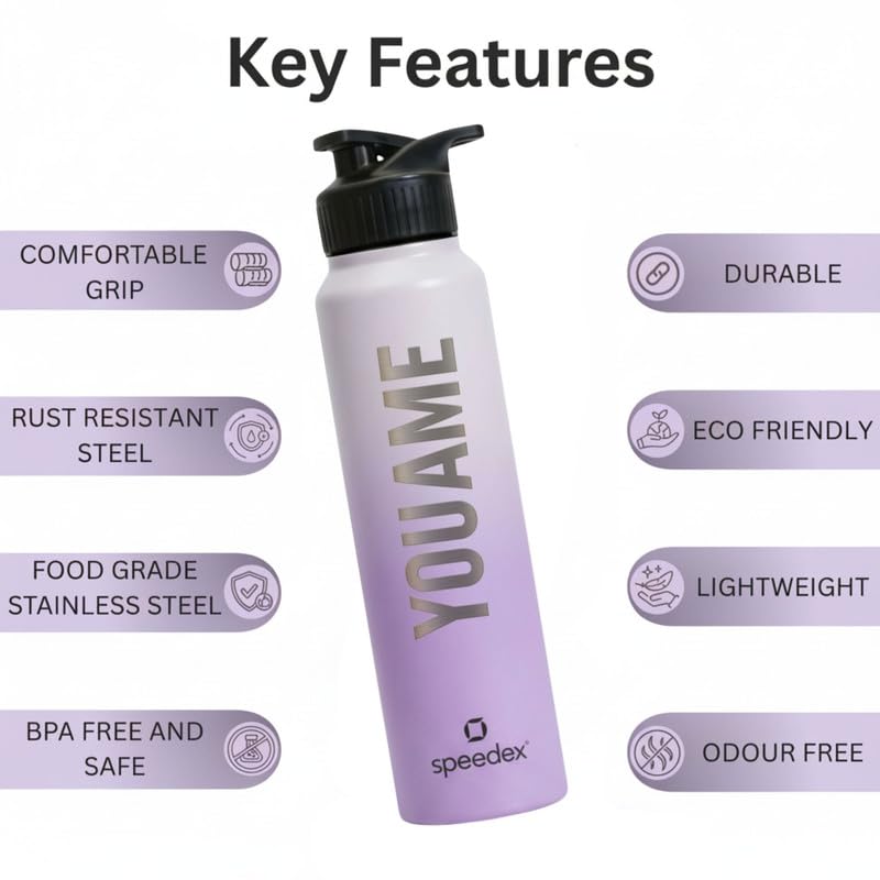 Image of Speedex Customised Stainless Steel Water Bottle 1 Ltr with Name - Personalised Engraved Sipper Cap Bottle for Kids, Men & Women, School, Gym, Office Dual Purple, Set of 1