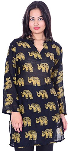 Lakkar Haveli Indian 100% Cotton Women Top Kurta Tunic Elephant Print Greens Yellow Color Plus Size (7XL)