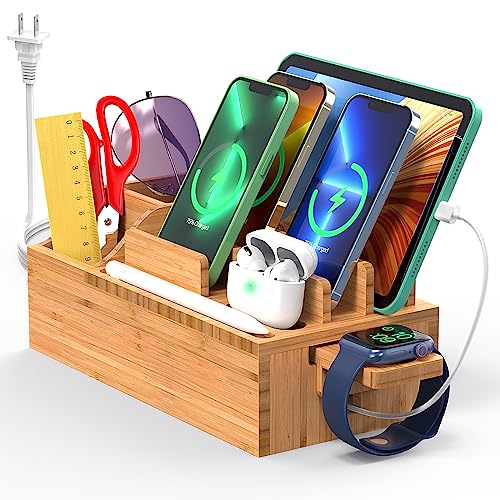 Bamboo Charging Station for Multiple Devices with 5 Port USB Charger, 5 Charger Cables and Watch Stand. Wood Desktop Docking Stations Organizer for Cell Phone, Tablet, Watch, Office Accessories