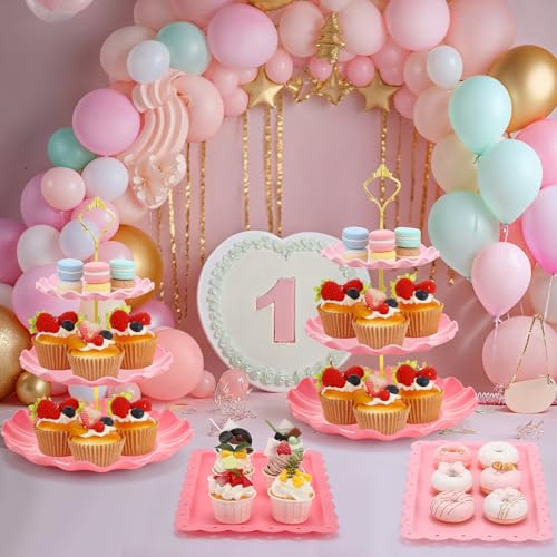 FoldTier 6 Pack Cupcake Stand Set 3 Pcs 3 Tier Gradient Dessert Table Display Stands Cookie Tray Rack 3 X14 in Rectangle Party Trays for Wedding Birthday Tea Party Baby Shower(Pink,Round) by FoldTier - Image 7