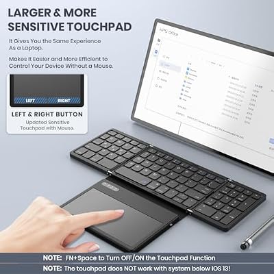 GEODMAER Foldable Bluetooth Keyboard, Portable Full Size Folding Keyboard with Large Touchpad, Numeric Keypad, PU Leather, Wireless TravelKeyboard for Windows Android Mac(Sync up to 3 Devices)