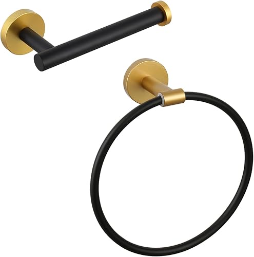 Miniatura 9 de GERZWY Juego de accesorios de baño de 2 piezas, anillo de toalla negro y soporte de papel higiénico SUS 304 de acero inoxidable montado en la pared,