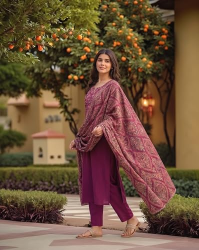 Image of GoSriKi Women's Rayon Viscose Straight Printed Embroidered Kurta with Pant & Dupatta | Ethnic Kurta Set for Women | Daily, Office & Festive Traditional