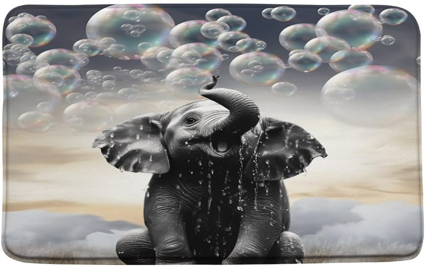 Funny Elephant Bath Mat Colorful Bubbles Cute Grey Animal Creative Modern Memory Foam Soft Doormat Kitchen Bathroom Mat/Rugs, 18x30 Inch image 2