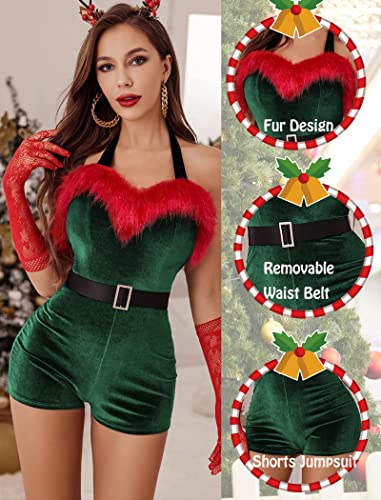 Avidlove Fantasia feminina de Papai Noel sexy macacão de veludo shorts de Natal lingerie com cinto,