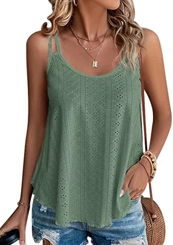 KKJ Women’s Tank Tops Eyelet Embroidery Sleeveless Spaghetti Strap Tops Scoop Neck Sexy Loose Fit Casual Summer Flowy Cami Green