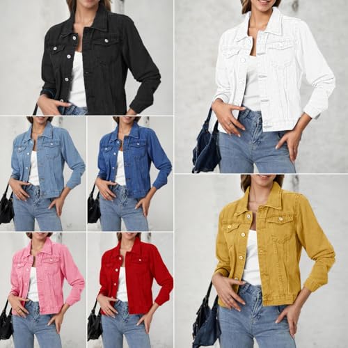 Women’s Cropped Denim Jacket Short Colored Lapel Button Down Long Sleeve Jackets Coats with Pockets 2025 Fall3