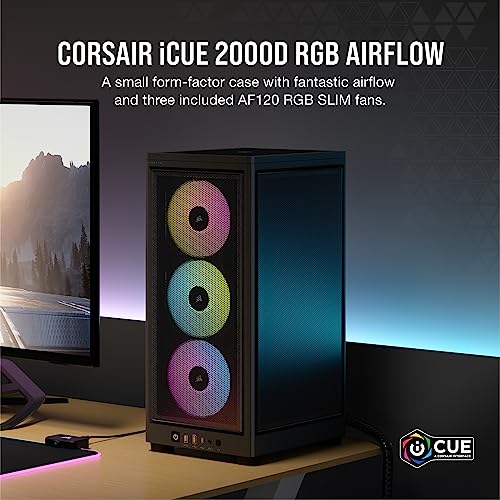 Corsair iCUE 2000D RGB AIRFLOW Mini-ITX PC Case - Mini-ITX Form-Factor - Steel Mesh Panels - Three-Slot GPU Support - 3x AF120 RGB SLIM Fans Included - iCUE Lighting Node CORE Controller - Black