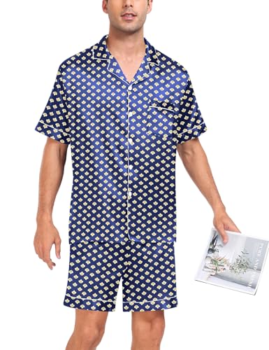 Image of SWOMOG Men Silk Pajama Set Short Sleeve Satin PJs Sets 2 Piece Button Down Sleepwear Soft Summer Loungewear with Pockets