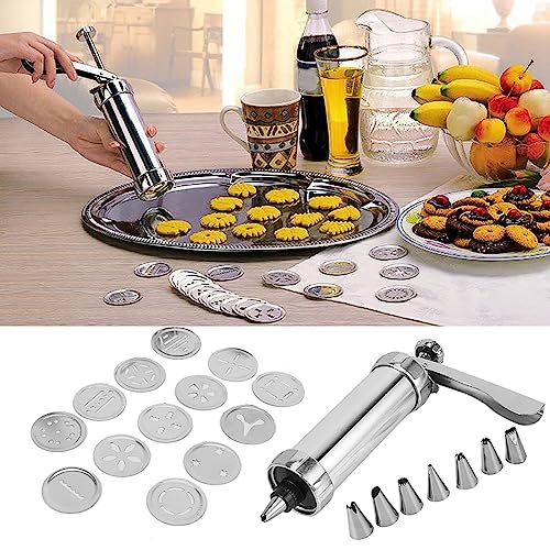 Cookie Press Gun Kit, Stainless Steel Biscuit Press Baking Tools Accessories Churro Maker with 13 Cookies Mold and 7 Piping Nozzle for DIY Biscuit Cake Dessert Making