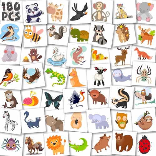 Temporary Tattoo 180Pcs Animal Dinosaur Tattoos Pre-cut for Party Bags Waterproof Fake Tattoo Stickers Set for DIY Craft