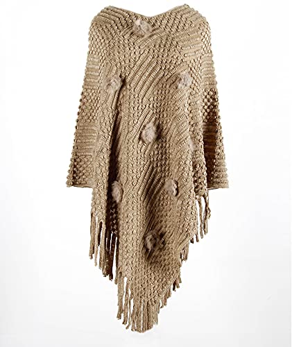 Image of xxxiticat Women's Tassel Poncho Scarf Batwing Sleeve Loose Fringe Hem Round Ball Cape Shawls Knitted Pullover Sweaters