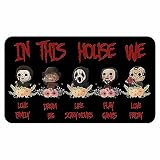 Eikunn Felpudo de bienvenida de villanos de terror de Halloween, en esta casa nos encanta la familia, películas aterradoras viernes, tapete antideslizante vintage para decoración de puerta de cocina,