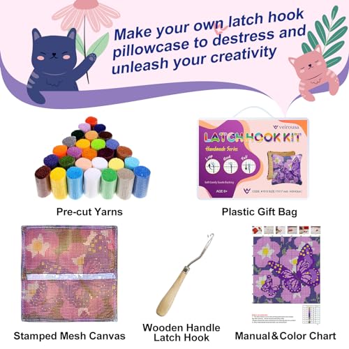 Image of veirousa Butterfly Floral Latch Hook Kits for Adults Beginners DIY Crochet Pillow Kit Pre-Printed Pillowcase Hook and Latch Rug Kits Needlework Cushion Cover for Home Sofa Decoration 17x17 in.