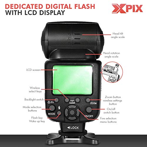 Xpix High Power Auto-Focus Digital Slr Flash W/Lcd For Canon Dslr Cameras + Rechargeable Aa Batteries With Quick Travel Charger, Handheld Tripod, Universal Remote & Deluxe Accessory Bundle #TOP2