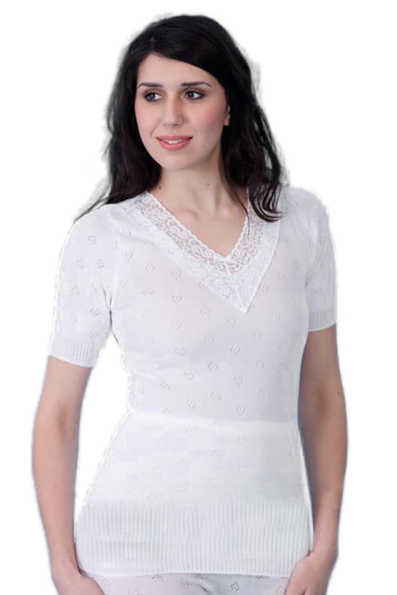 Tesmark Women's White Lace 100% Cotton Short Sleeve Spencer Plain & Lace Underwear Tops, White Comfortable Sleepwear And Loungewear Base Layer Uk Size S-3Xl (Xxl, )