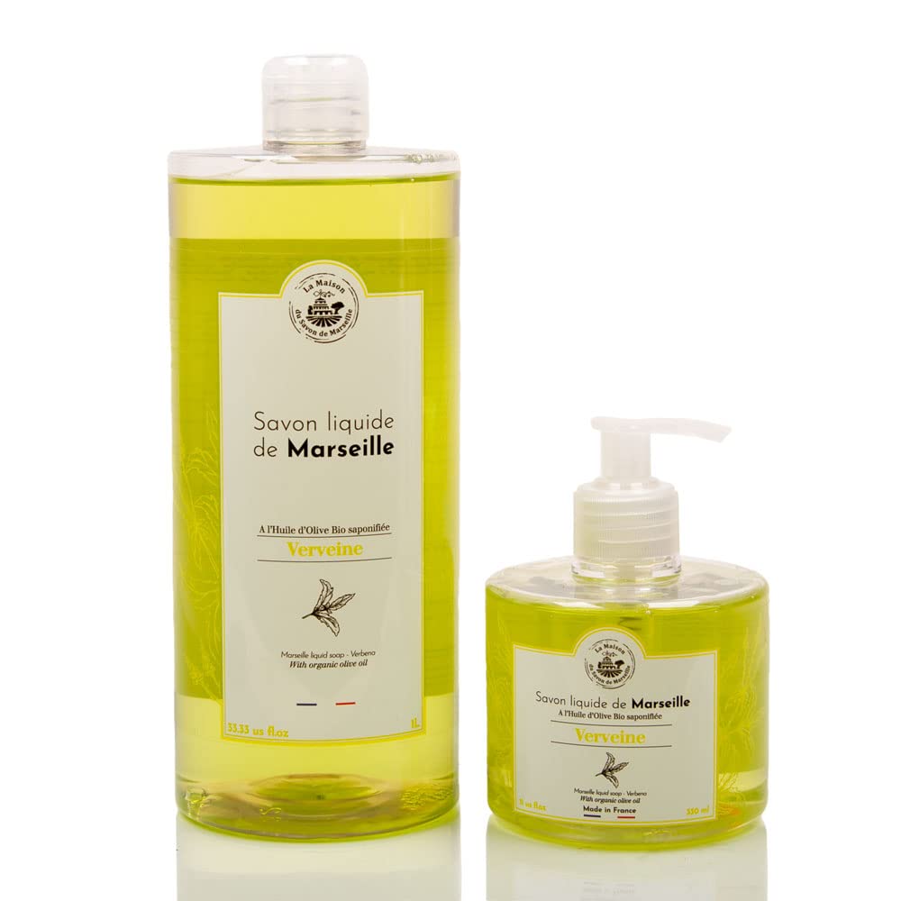 Maison du Savon de Marseille - French Liquid Soap Hand Wash made with Organic Olive Oil - Verbena Fragrance - 33.81Fl oz and 11.16 Fl oz