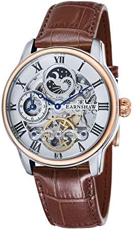 Thomas Earnshaw Mens 44mm Longitude Dual Time Automatic Skeleton Watch with 12 Hour Dual Time, Sun & Moon Display and Decorated Rotor