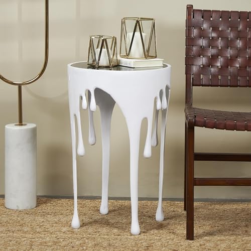 Image of Deco 79 Aluminum Metal Abstract Side Table 16 inch x 16 inch x 25 inch, White | Accent table, drip end table with melting designed legs and black glass top, unique end table, living room decor
