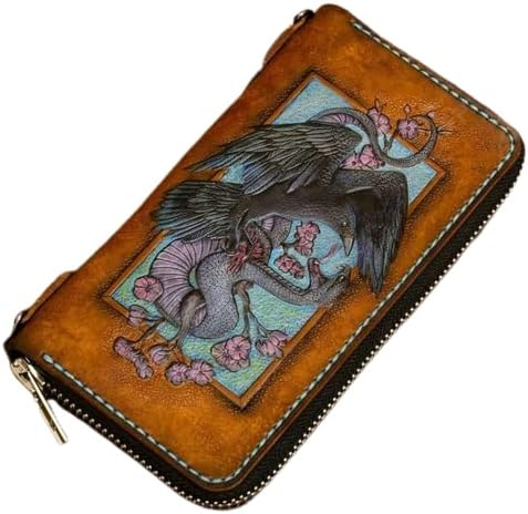Raven and Snake Long Wallet, leather carved wallet, men's leather wallet, Carved wallet, 3D Genuine Leather wallet