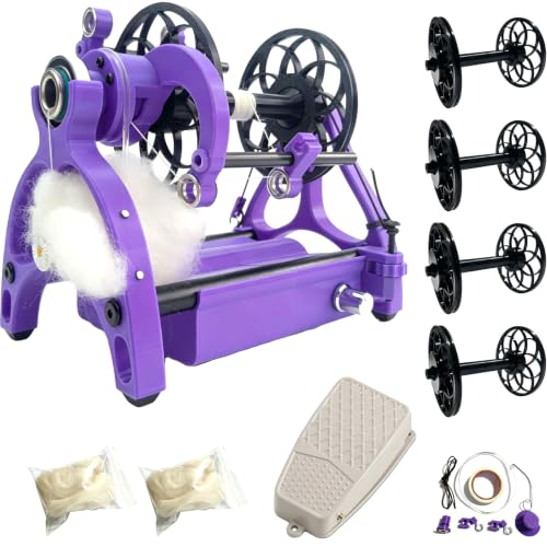 Electric Yarn Winder Electric Yarn Spinner Kit Spinning Wheel for Wool with Foot Controller & 4 Bobbins Small Wool Spinner with Forward & Reverse(Purple)