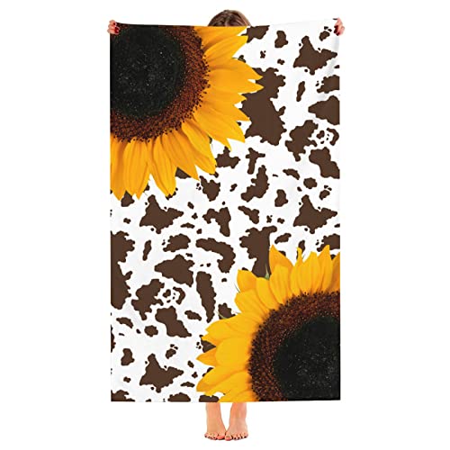 Sunuan Cow And Sunflower Beach Towel Oversized Microfiber Quick Dry Bath Towels Gift Thick Sand Free Beach Towels For Kids Adult Travel Pool Swimming Camping (52"X33") #TOP3