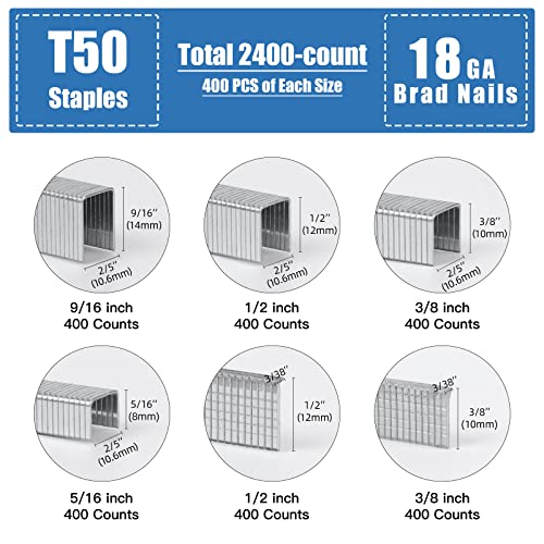 image for SITLDY Heavy Duty T50 Staples and 18GA Brad Nails, 2400-Count 6 Sizes 