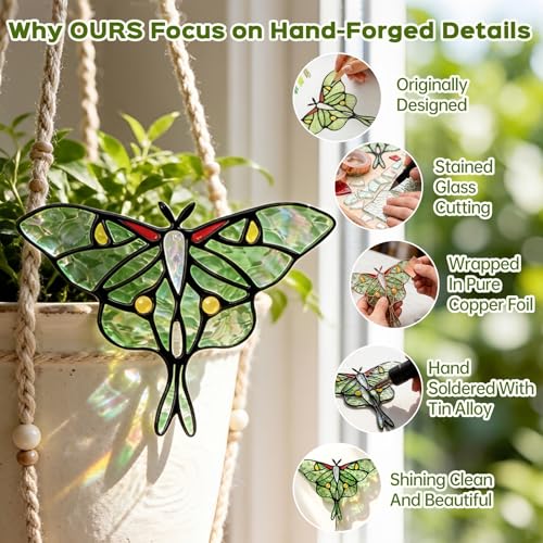 Luna Moth Sun Catcher Stained Glass - IDEA SHOW Handmade Real Glass Suncatcher Ornaments, Elegant Green Butterfly Memorial Gifts Design for Indoor and Outdoor Plant Decoration, Plant Lovers Gifts — view 3