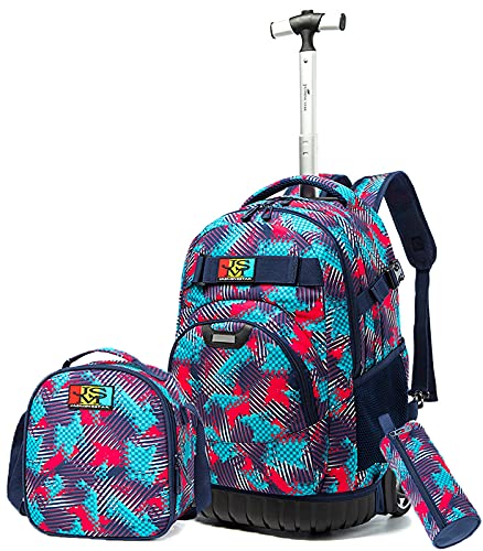 Egchescebo 3PCS Rolling Backpack 18 inch for Girls Boys with Lunch Bag Pencil Case School Bags Wheeled Backpack Travel Kids' Luggage Wheeled Bags Kids Trolley School Bags Fashion Space Starry Sky Printed Durable Bookbag with Big Wheels Red-1