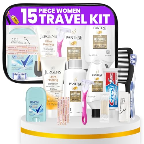 Trektote Travel Toiletry Kit For Women – 15 Piece Set of Premium Travel Size Toiletries, TSA Compliant Travel Essentials, Includes Shampoo And Conditioner, Body Wash, Toiletry Bag & More