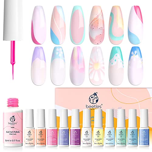 Beetles 20 Pcs Gel Nail Polish Kit Nude Pink Neon Red Nail Gel Pastel Yellow Blue Gel Polish Set With Glossy Matte Top Base Coat With 12 Color Unicorn Dreamy Pastel Liner Gel Art Paint For Swirl Nail #TOP27
