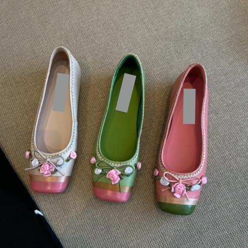 Women's Flower Bowknot Ballet Flats Leather Square Toe Colorblock Embroidered Slip On Ballerina Elegant Wedding Office Flat4