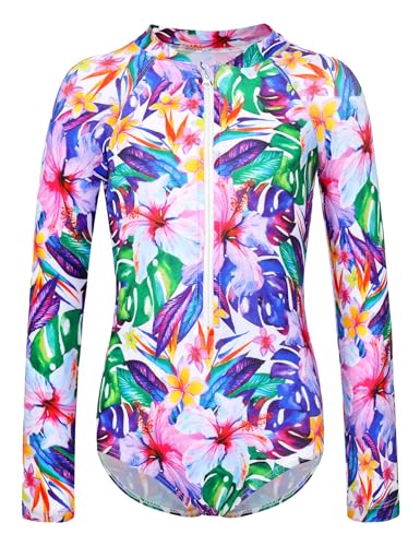 Image of Girls Long Sleeve Swimsuit Zipper Rash Guard Bathing Suit Swimwear with UPF 50+ Sun Protection for Toddler Kids