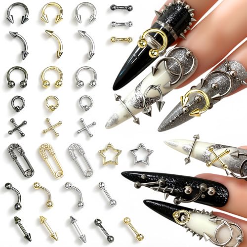 50 pièces de charmes à ongles mixtes de formes punk gothiques Y2K, anneaux de perçage coniques, étoiles gothiques, clous en croix, barres d’agrafes, pointes...