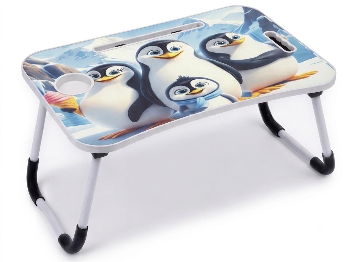 Heavy Duty Solid Foldable Laptop Table with Penguin Print, 60x40x28 cm | Built-in Cup Holder, Easy to Store, Strong & Sturdy Build, Multi-Use Study Table, Kids & Adults-image-8